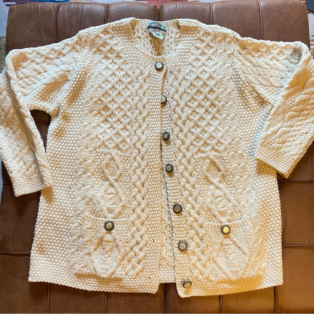 Aran Crafts Cream Merino Wool Cardigan Sweater With Pockets and Pearl Buttons